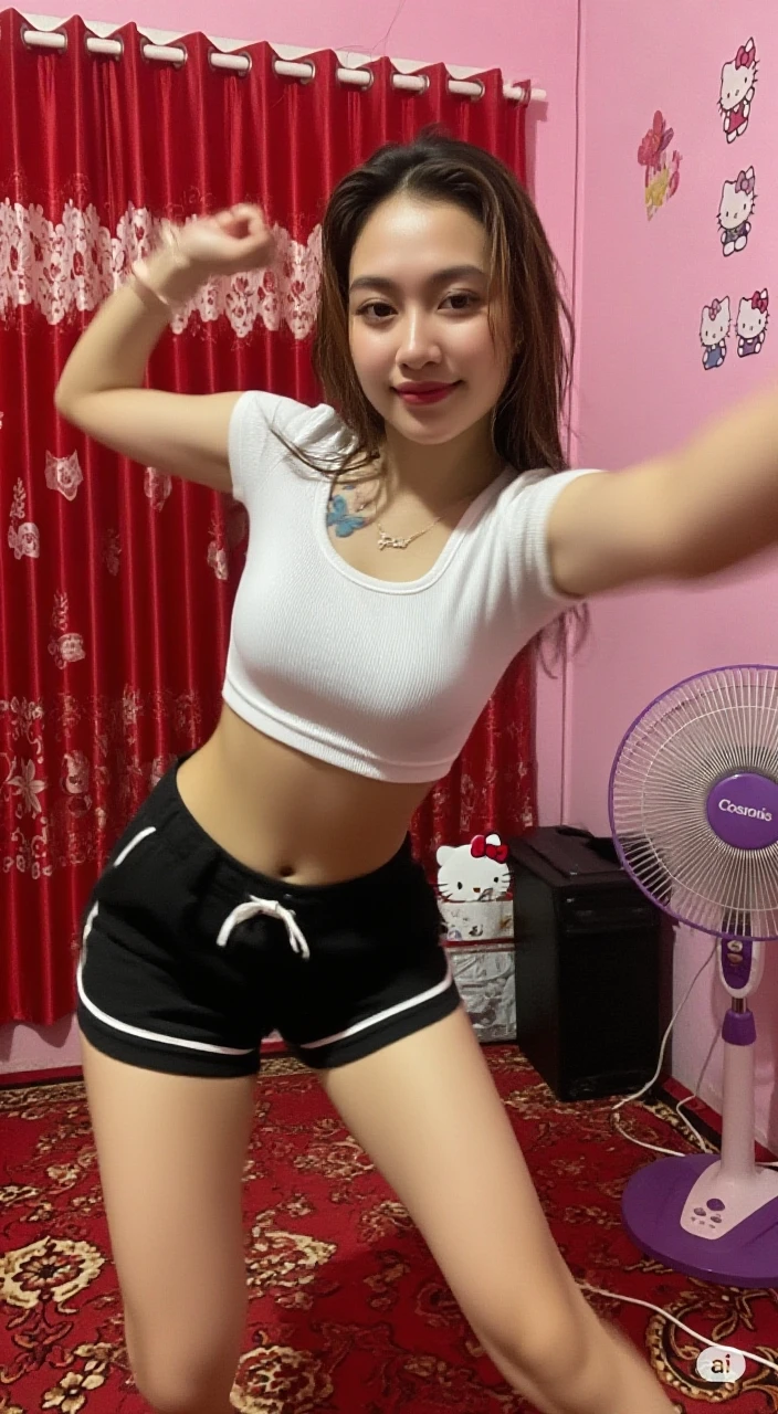 a woman (only wears pink bikini tops, bikini panties, string only micro bikini, very large breasts, :1.3) No clothes, no long pants.
