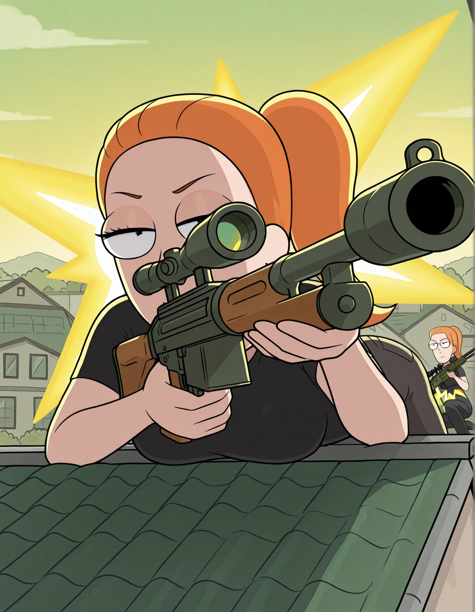 1 girl, Summer Smith shooting a sniper rifle, orange hair,  she is laying prone on a rooftop aiming, suburban background,  black clothes,  ((yellow energy bolt is shooting from the tip kf the rifle))