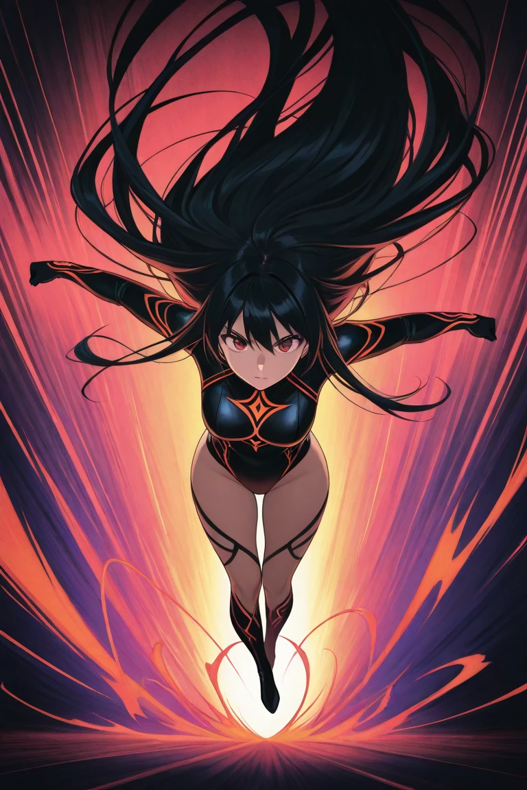 1girl,mature female,30s,sensual,black langerie,cleavage,medusa hair,pointy ears,black hair,long hair,((red skin,colored skin)),night,moon,floating,evil smile,dynamic pose,demon girl