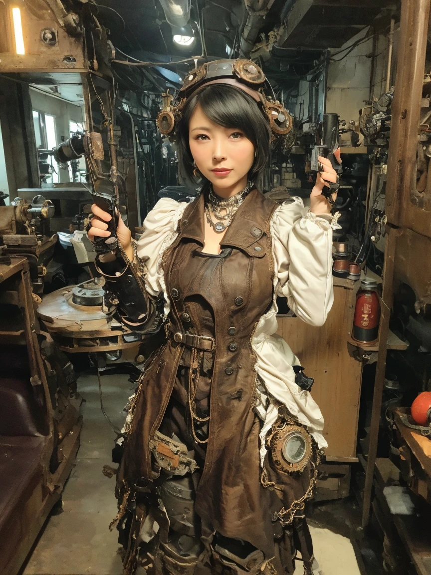 cute, idol, realistic, full-body, realistic, (very detailed eyes and face), ((big)), natsuki kawamura, (baby face: 0.7), smile with mouth open, stick out tongue a little, (futuristic cyber city: 1.7),(shoes glow with neon),wristband glows with neon,portrait,bokeh,film photo,pose,hands are mechanic,( Wear steampunk Western Dress:1.4)