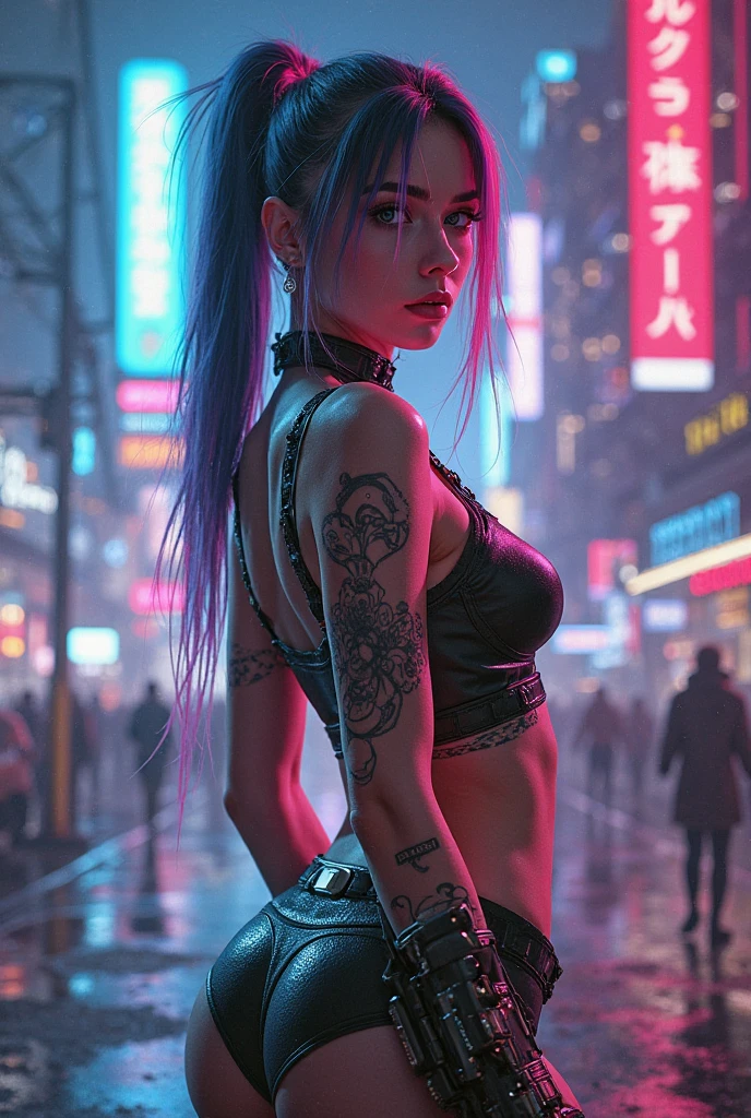 Cyberpunk girl, 20 years old, very beautiful, lilac hair shaved on left side, some tattoos, piercings, attractive face, hot babe, black bikini, seductive pose