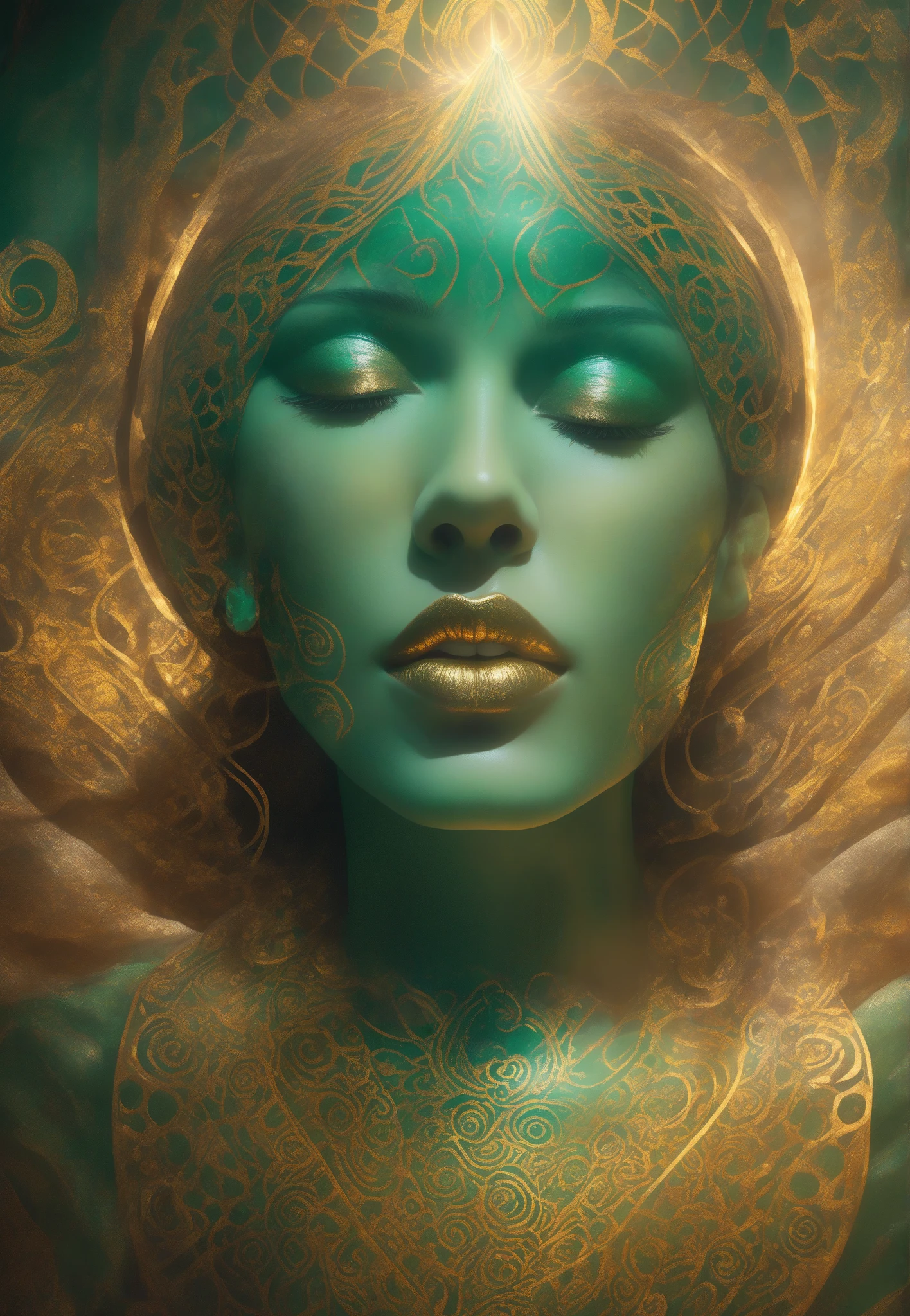 a painting of a woman with a golden headpiece and a blue background, beautiful gorgeous digital art, karol bak uhd, gorgeous digital art, dreamy art, beautiful digital art, exquisite digital illustration, a beautiful artwork illustration, style of karol bak, expressive beautiful painting, beautiful digital artwork, intricate oil painting artwork, by Karol Bak, hauntingly beautiful art