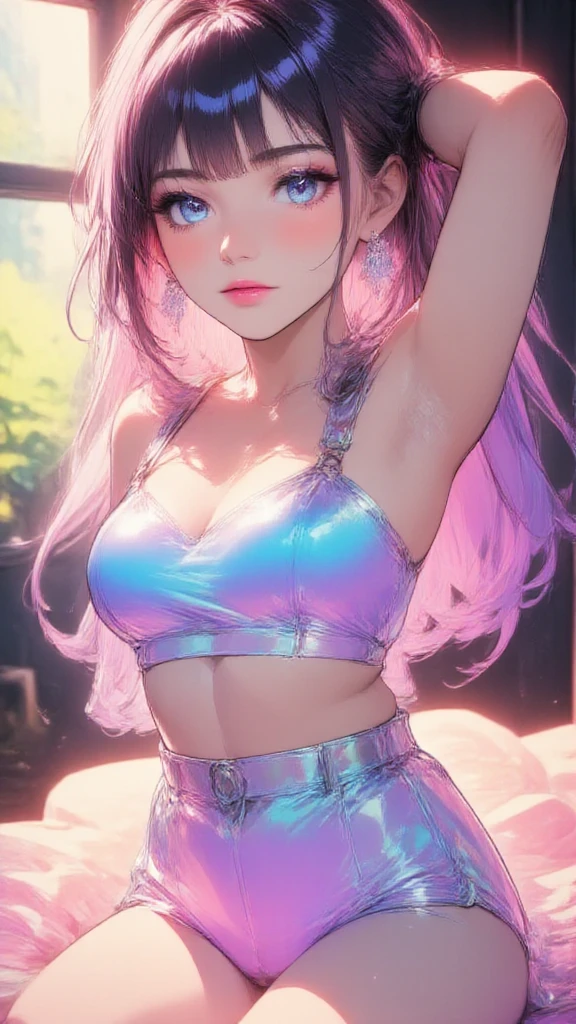 （Pink Fashion T-shirt：1.9），(Colorful hair: 1.8), (all the colours of the rainbow: 1.8),(((((vertical painting：1.6))), （painting：1.6），front, comics, illustrations, paintings, large eyes, crystal clear eyes,（ rainbow color gradient high ponytail：1.7）, exquisite makeup, closed mouth,(Small Fresh: 1.5),(Wipe Chest: 1.6) ，long eyelashes, white off shoulder T-shirt,  White Shoulder Shirt，looking at the audience, large watery eyes, (rainbow colored hair：1.6), color splash, （solo：1.8）, color splash, color explosion, thick paint style, messy lines, ((shining))，(colorful), (colorful), (colorful), colorful, Thick Paint Style, (Splash) (Color Splash), Vertical Painting, Upper Body, Paint Splash, Acrylic Pigment, Gradient, Paint, Highest Image Quality, Highest Quality, Masterpiece, Solo, Depth of Field, Face Paint,  colorful clothes, (Elegant: 1.2), gorgeous,long hair, wind, (Elegant: 1.3), (Petals: 1.4)，lace ling(((masterpiece))),(((best quality))),((ultra-detailed)),(illustration),(dynamic angle),((floating)),(paint),((disheveled hair)),(solo),(1girl) , (((detailed anima face))),((beautiful detailed face)),collar,bare shoulders,white hair, ((colorful hair)),((streaked hair)),beautiful detailed eyes,(Gradient color eyes),(((colorful eyes))),(((colorful background))),(((high saturation))),(((surrounded by colorful splashes))), (glamorous body:1.7),(cortch tattoo:1.3), (from below:1.2), sexy intricate dress, V string, see through, (Best quality, 8k, Masterpiece :1.3), (realistic, photorealistic: 1.37), (Pretty woman in her 20s), (sparkling diamonds), (emphasizing slender abs:1.3), (loose lace top, tight lace open crotch shorts that accentuate her big buttocks), (belly button:1.4), transparent top clothing,(random sexy pose), (looking back at me), (wet body), (long hair, random hairstyle), (large breasts :1.3), sexy Succubus, hypnotized, with hanging breasts, pantyhose, mouth open drool trail coming out,  drool puddle between cleavage, shiny lips, love juicy out, sexy nodes, NSFW