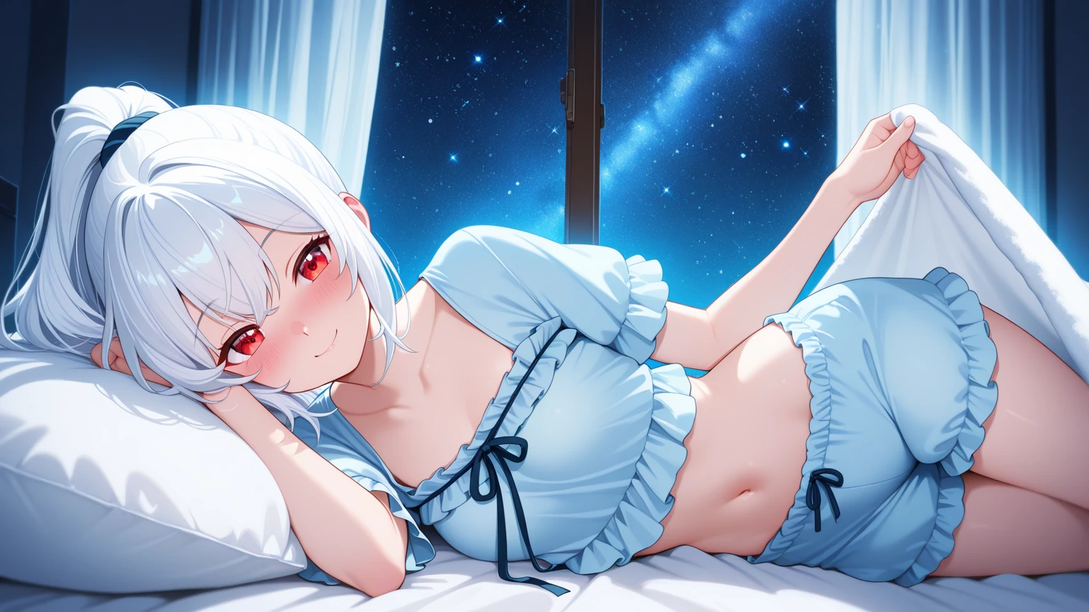 Very cute girl、(11 years old)、White Hair、Long Straight Hair、Bangs are too close to the eye、Light red eyes、(Normal human ear)、Thin arms、Beautiful body、Slim legs、Shapely breasts、Transparent white skin、smile、(T-Shirtini skirt、White and blue)、I can just make out the shape of the nipples、Ultra HD、Digital SLR，Sit on、
