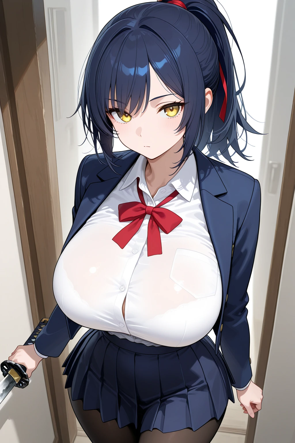 (best quality), (very aesthetic), (ultra-detailed), (best illustration), 1 girl, Solo, fine texture, black hair, long ponytail hair, (large breasts1.2), light brown eyes, collared shirt, blazer, pleated skirt, bow, school,sharp look
