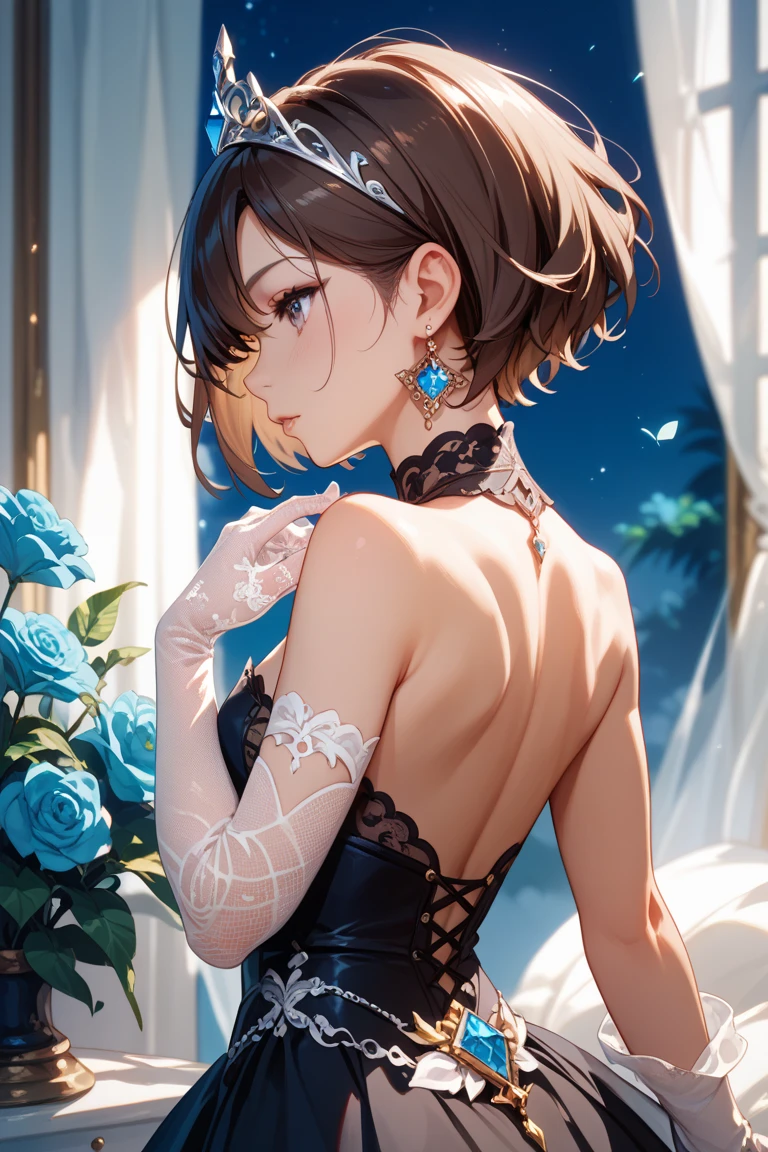  22 years old, (milf:0.8), (solo:1.5), (sfw:1.25), cute breast, beautiful breasts, medium tits, thin waist, big ass:1.0, Raised sexy, (dark mahogany medium short hair, updo, hair band, red eyes, light smile, big , Revimpling fabric, earrings, Hand gloves, detailed face,(smoking:1.3),brunette hair,detailed and beautiful eyes,beautiful detailed lips,Rolling her eyes,manner,hair over one eye, asymmetric hair, Carly hair, low tied braids), (ultra high resolution, 8K RAW photo, photo realistics, thin outline:1.3, clear focus), best qualtiy, natural lighting, textile shading, blurry back ground, field depth, (Bright pupils, fine detailed beautiful eyes with highlight:1.3, high detailed face), Red lip, fine realistic skins:1.1, looking down viewers:1.3, (dynamic angle:1.3, front view:1.1, breast focus:1.3, from below:1.2), (dynamic posing:1.5, sexy posing:1.2),Youghal, side lock, hair ornaments, hair band,nice,garden background,artistic rendering,Super detailed,(highest quality,4k,8K,High resolution,masterpiece:1.2),Bright colors,studio lighting