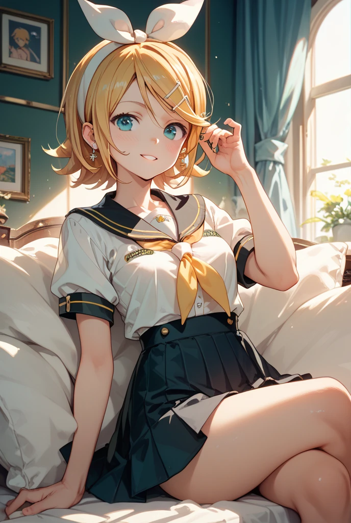 (((1girl))), ((best quality)), ((masterpiece)), ((ultra-detailed)), (illustration), (detailed light), (an extremely delicate and beautiful), (beautiful detailed eyes), (sunlight), ((extremely light)), 

((((sailor uniform and a brief pleated skirt)))),
school girl,

wavy short manish bob, (((yellow gold hair))), (((short hair))), 
(((deep red eyes))), 

((whole body)), aged 14 to 17, 
diamond, beautiful, ((extra elegant)), (((condescending expression))), (sexually mischievous smile),  (((extra adorable))), (((extra slender shape))), 

(((((sitting on her knees on the sofa with her legs erotically open wide)))),

((((exposed pure white cotton panties)))), (((extraordinarily thin thighs))),
(((ankle socks))),