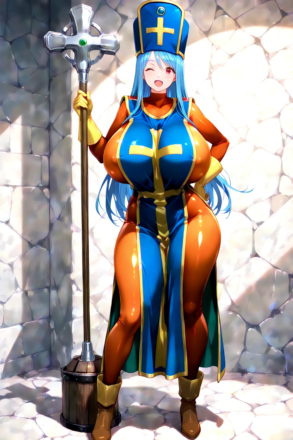 (masterpiece:1.37), best quality, (extremely detailed:1.37) plegianTh, two side up, hair ornament, feather hair ornament, bodystocking, bracelet, gold jewelry, bridal gauntlets, anklet, breasts, (wetting herself:2.0), standing straight, full body day, daytime, glow, facing viewer, perfect composition, full body, medieval, castle, desert