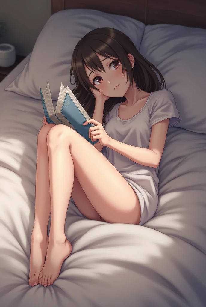 The brunette girl was alone in her bedroom,Reading a book,mini skirt,Attractive legs