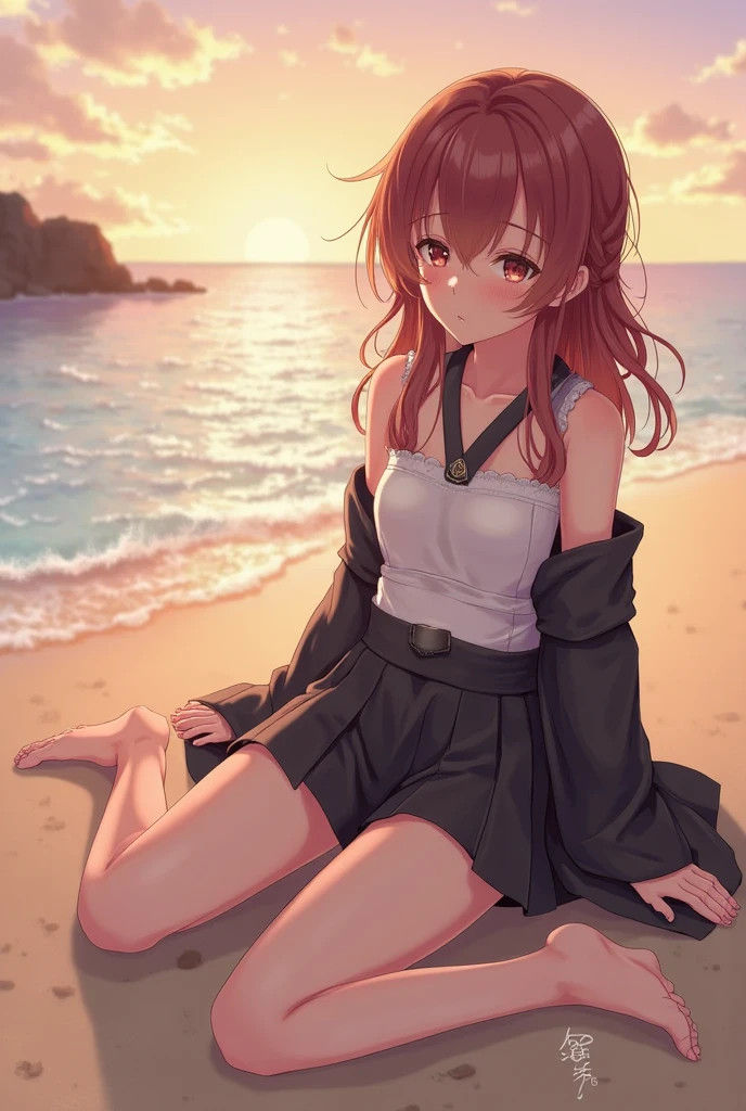 masterpiece, best quality, 1girl, solo, hair bun, blunt bangs, looking at viewer, sitting, on a chair, (qipao), brown hair, red eyes, small breasts, beach, barefoot, hugging legs, smug, smirk, sideview, (hinoue itaru:1.2) <lora:Visual-Arts-Style-v1.1-resumed:1>