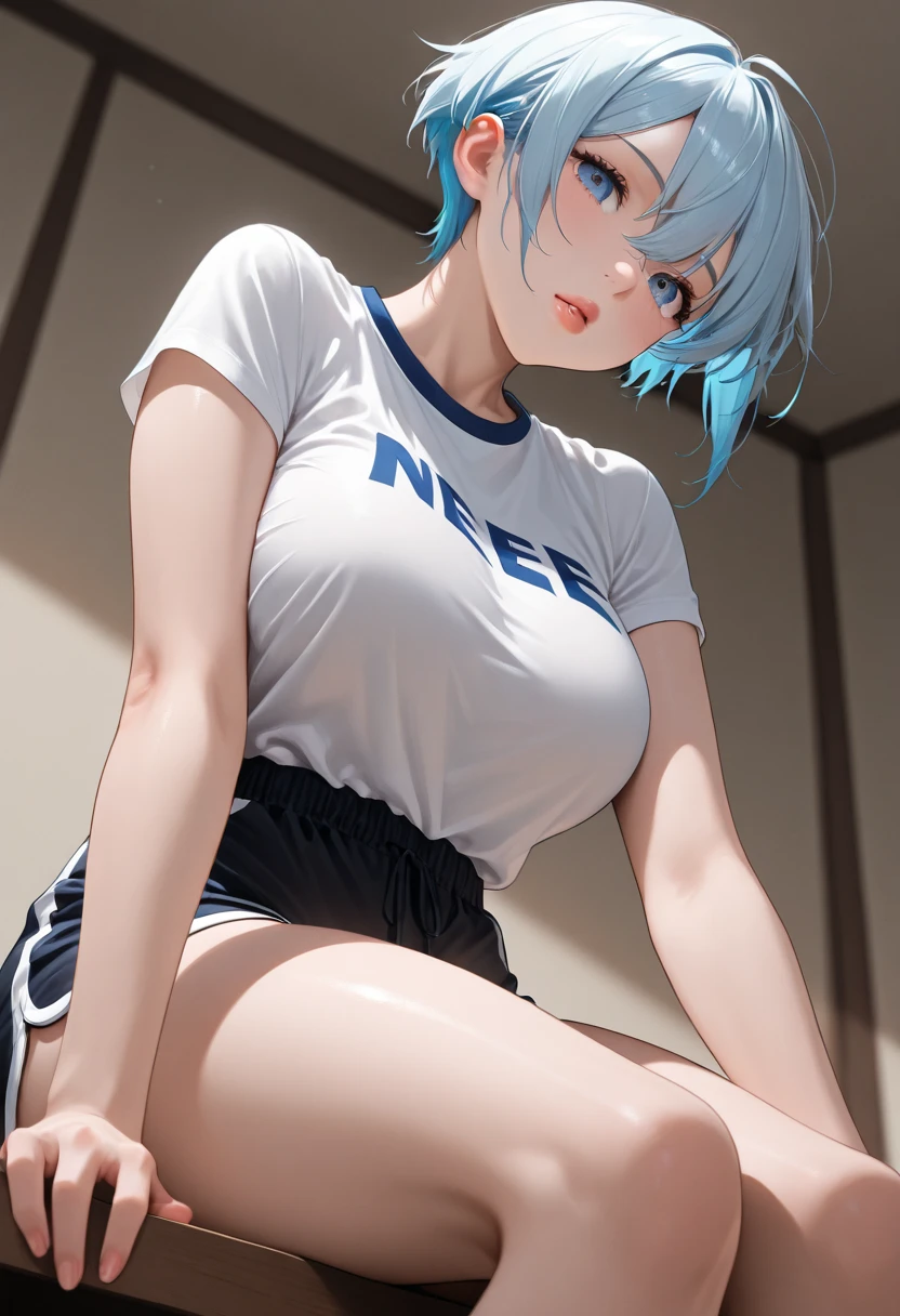 Girl with short green hair, The chest is medium, Green Eyes, 、(tits),Full body photo from head to toe,、cloth、(Clear Face)(Best Quality, High resolution, Super detailed),, (Vivid and colorful, The chest is clearly in focus),(Soft Breasts:1.2、,、、Exposed chest,Full body photo from head to toe、、Lift the chest,、A viscous, cloudy liquid is on my body,M-shaped legs,yoga、stretch、Relax Mode、Training wear、Spread your legs and stretch your legs、New Gymnastics、Lying down、