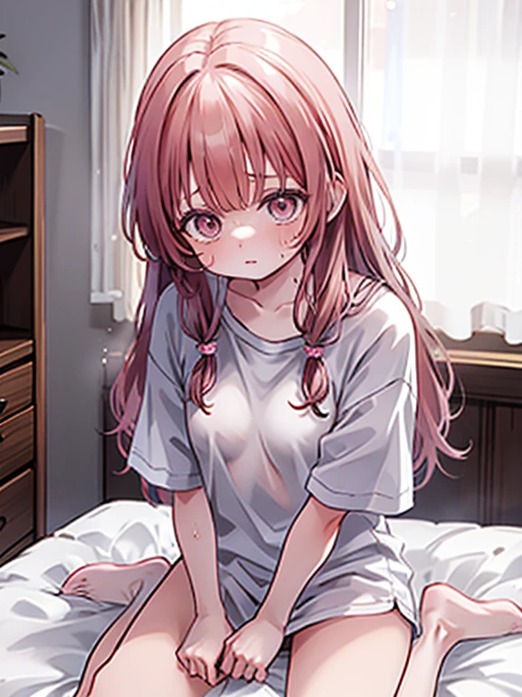 cute, girly, 1girl,pink hair, pink eyes, long hair, two side up, flat chest, (blue stripe panties:1.3), (white t-shirt:1.2), bottom less,(looking at viewer:1.4), sitting, bedroom, (annoyed:1.4)