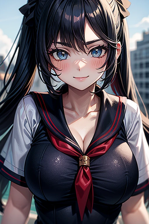 (cowboy shot: 1.5), (white background, simple background: 1.5), (masterpiece:1.5), (big breasts), 1 girl, young woman, (Beautiful Girl:1.5), (extremely detailed and delicate anime face and eyes:1.5), whole body, (natural light, HDR, extremely details CG:1.3), (dynamic posture:1.3), {correct body anatomy}, (wide hips:1.4), (perfect hands:1.3), single focus, toned body, Beautiful Lips, thick lips, {surreal}, {correct posture}, {minutes details}, {detailed body}, {detailed clothing}, {Bright Eyes}, (cleavage: 1.3), {accessories}, {sexy}, {solo}, sailor suits, (school sailor suit: 1.5), white sailor uniform, (sailor fuku: 1.3), zettai ryoiki, (navy blue pleated skirt: 1.3), Navy blue skirt, (black shirt: 1.5), (black long sleeves: 1.3), (navy blue sailor collar: 1.3), serafuku, (brown thighhighs: 1.5), ribbon, (green neckerchief: 1.3), green sailor tie, bracelets, white choker, dark brown heels shoes, (glasses: 1.5), earrings, (hairband, hair accessories: 1.5), necklace, (low tied long hair: 1.3), (two-tone hair: 1.5), (purple hair: 1.5), (lavender hair: 1.3), (lavender hair: 1.3), (sidelocks: 1.5), (hime cut, straight short bangs: 1.5), glowing hair, (pink eyes: 1.3),