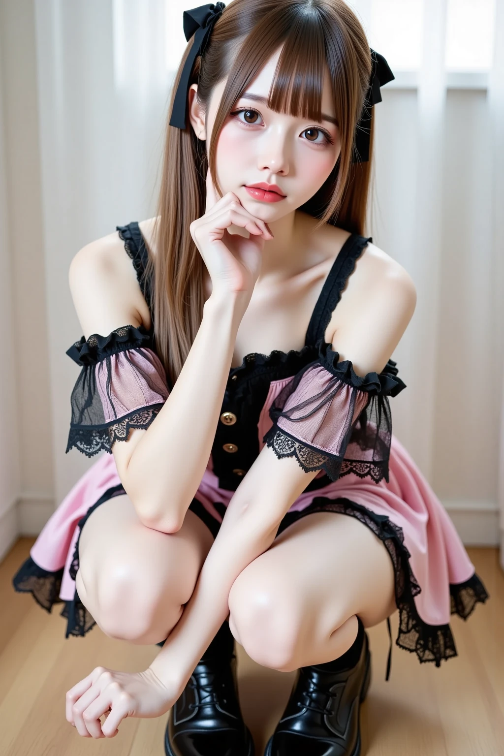 Wear a pink tulle suspender dress,Beautiful girl in black lace stockings, 、whole body、Lovely, Long hair, Depth of Field, high resolution, Ultra Detail, Fine details, Very detailed,,Sharp pupils, Realistic students,