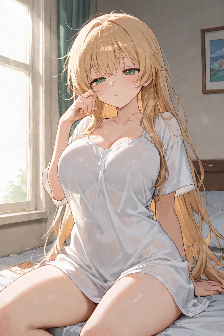 A beautiful young woman, 18 years old, grin,grin,wearing a long white maxi dress, socks,short boots,with long flowing blonde hair, grinning with a slightly mischievous expression, standing in a serene outdoor setting, sunlight filtering through the trees, (best quality,4k,8k,highres,masterpiece:1.2),ultra-detailed,(realistic,photorealistic,photo-realistic:1.37),detailed facial features, beautiful eyes, nose, and lips, intricate fabric textures, natural lighting, cinematic composition, vibrant colors, fantasy,ethereal