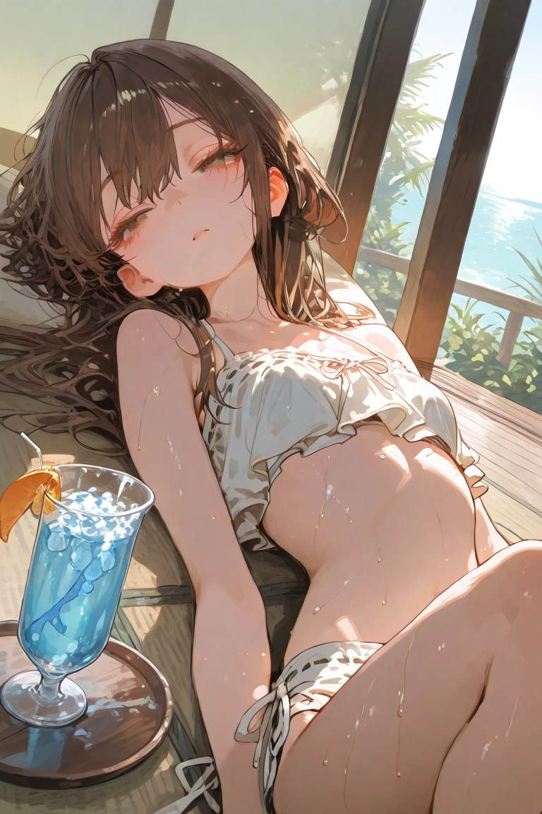 girl、cross-halter-bikini、full body、looking up、lie on sand,back shot,looking back over the shoulder