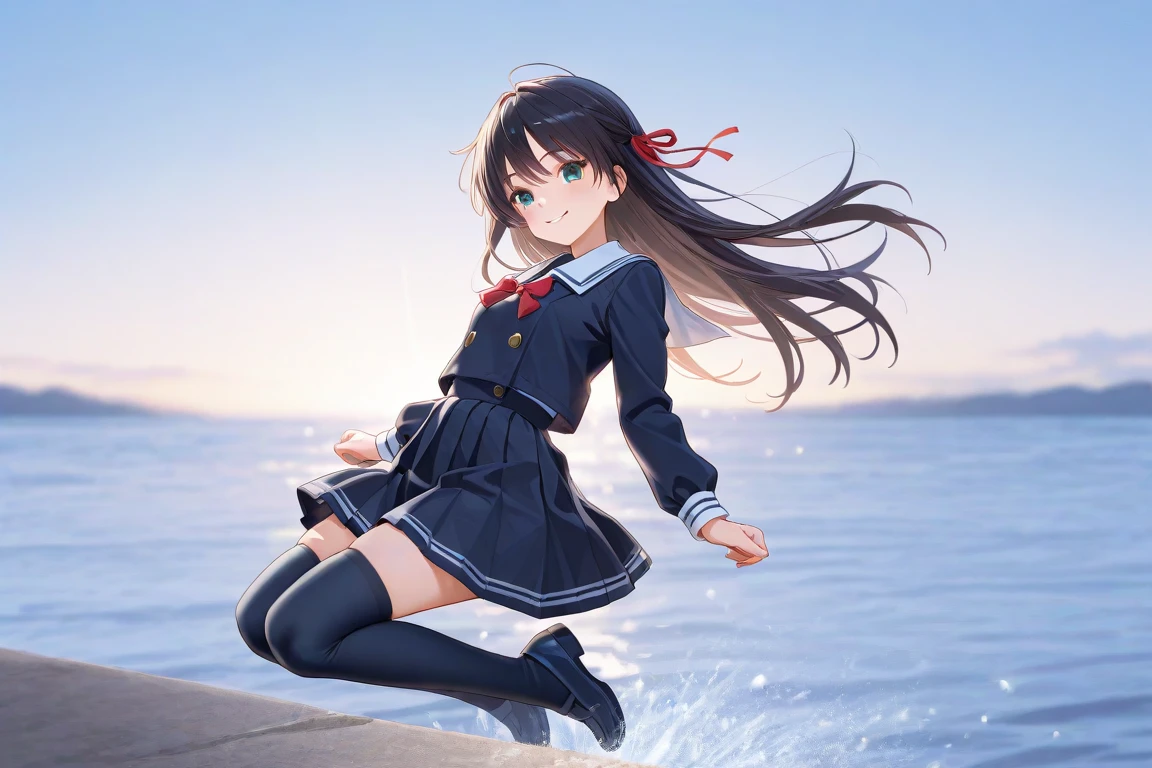 (masterpiece), town, blue sky, One Girl, Place the person on the right, smile, alone, Sailor suit、Long skirt, Overgrown, petal, plant、Skirt lining、Translucent slip、nostalgic、Black Pantyhose、I can see the ocean in the distance, Crotch close-up