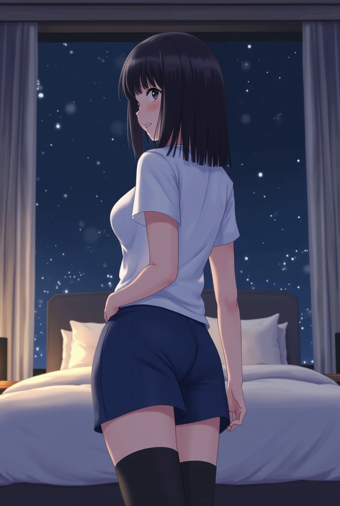 highest quality, (masterpiece:1.2), very detailed, In underwear,Please show me your armpits,shinkai makoto, kimi no na wa., 1 girl, bangs, black hair, blue null, blush, brown eyes, hair ribbon, hair band, looking at the viewer, short hair, smile, alone, whole body, is stretching, Bedroom, night, (on the bed:1),(Doing a presentation:1.2),(best shadow), (moonlit room:1.1),(soft bed linen:1.1)
