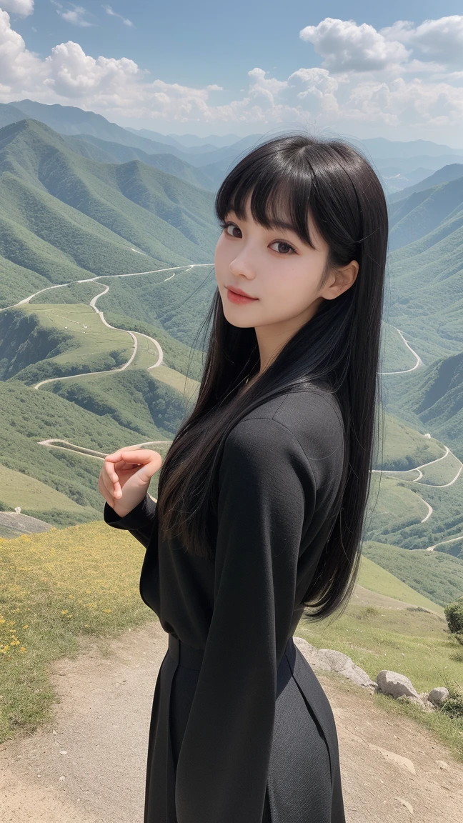 A long-haired woman wearing a black shirt poses in a field of flowers., beautiful south korean woman, beautiful young korean woman, gorgeous young korean woman, Chinese girl, Gorgeous Chinese model, Korean girl, beautiful asian girl, korean woman, Chinese woman, Xindong Chen, By Ni Thian, beautiful pictures, Si Han, Beautiful Asian woman, Jingna Zhang