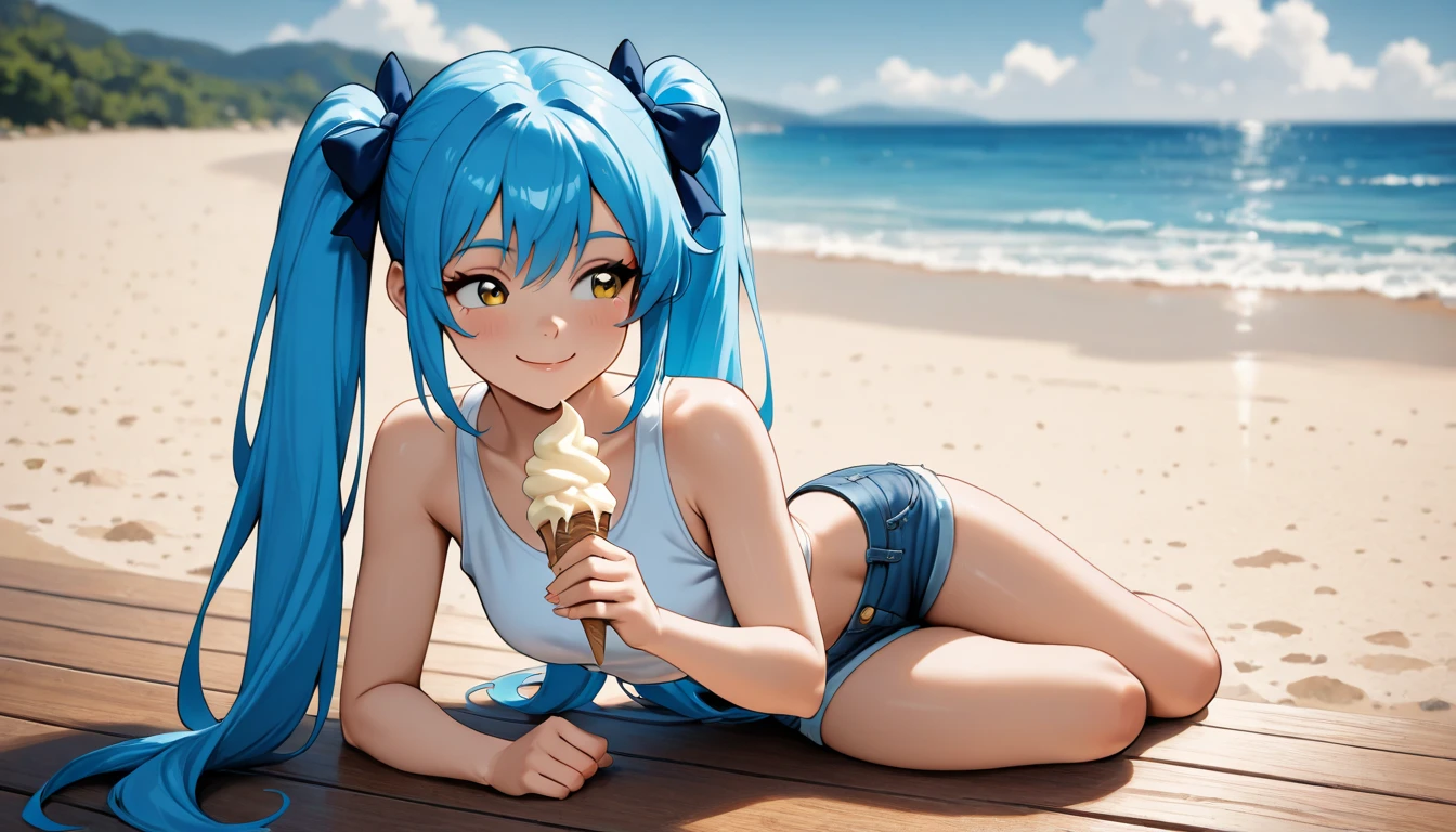 (masterpiece、Highest quality、Highest quality、Official Art、Beautiful and beautiful:1.2)、(One person:1.3)Hatsune Miku、Twin tails,Beautiful breasts, Katsushika Hokusai,One person, Eating shaved ice, Beach, Swimwear, Beautiful attention to detail, Beautiful lip detail, Very detailed目と顔, Long eyelashes, Cute expression, Sit on the sand, Golden Hour Lighting, Soft pastel colors, Vibrant colors, (Highest quality,4K,8k,High resolution,masterpiece:1.2),Very detailed,(Realistic,photoRealistic,photo-Realistic:1.37),Studio Lighting,Vibrant colors,Bokeh