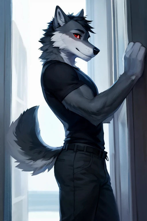 anthro, (wolfdragon hybrid), ((hybrid)), ((black fur)), ((white hair)), white star shaped marking on nose, standing, solo, blue eyes, ((white canine )), knot, ((white )), black pupils, photorealism ,by zaush, by ruan jia, by jay naylor, by nuzzo, by disney, by pino daeni. (4k), HD, quality, looking , black pupils, photorealism , bedroom setting, night time, (4k), HD, quality