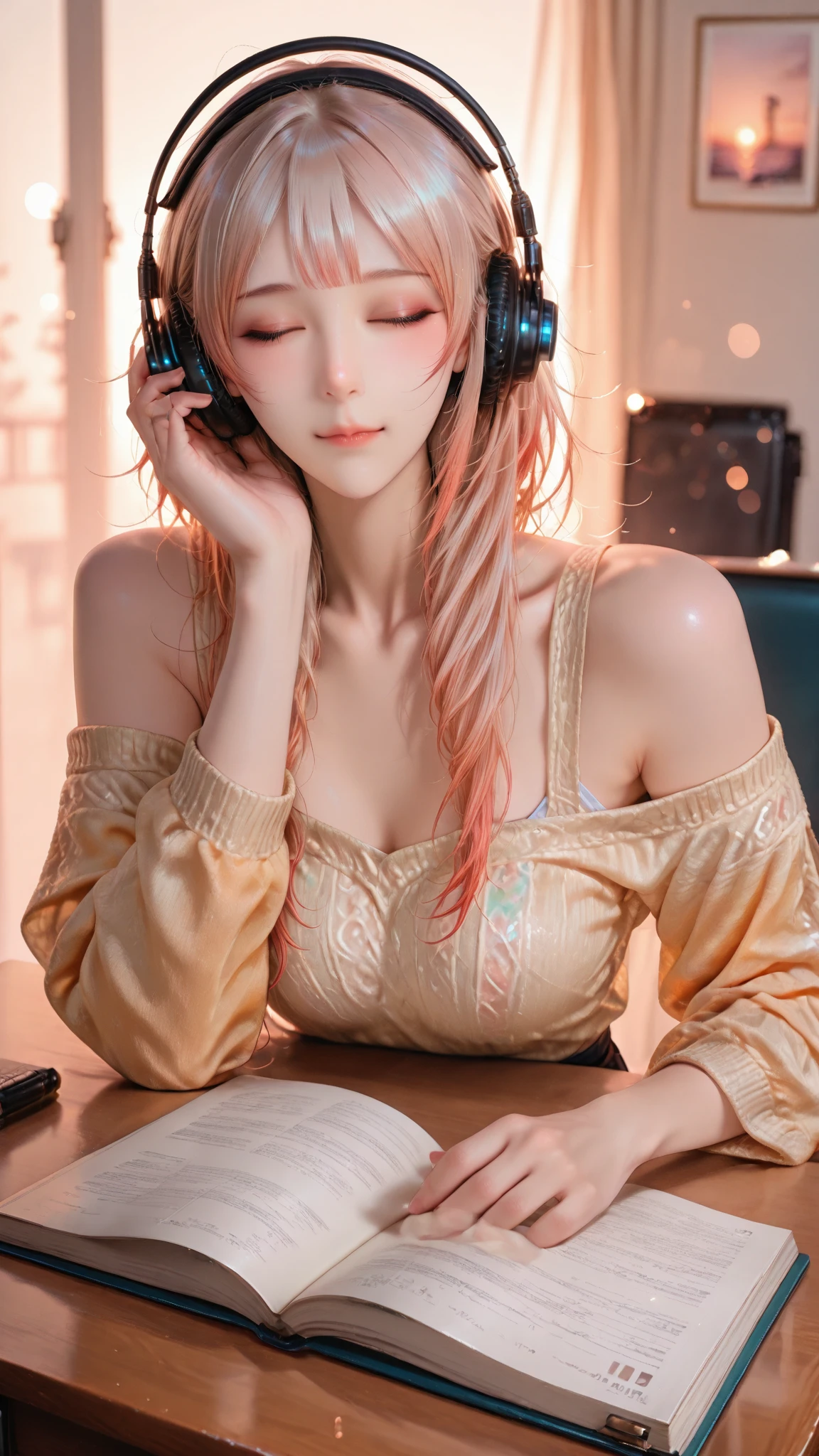 blue eyes, Blonde hair, nake, 4K resolution, High quality CG, Beautiful CG, Soft Light,woman in pink lace bra and denim shorts standing in front of a desk with a computer and a monitor, long legs, lofi girl, belle delphine, with headphones, lace bra and shorts , There are post-it notes on the wall, the room is very messy, there are many dolls, there are books on the computer table,e - girl, e-girl, pink girl, instagram model, with head phones, cutecore, casual pose, sexy pose, gamer aesthetic, sexy girl