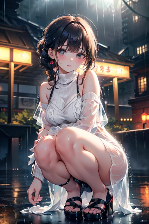(Masterpiece:1.2, Best quality), (Real picture, Intricate details), (Night, Dark, heavy rain poured:1.4)
There was no one in the alley, the surroundings were silent, only the raindrops sprinkled on the tile eaves of the low houses near and far, making a slight rustling sound. In the cold rain, (1 beautiful 22 year old pakistani girl, Big breasts, Wet dress, Super sexy, Perfect eyes:1.2) squatting on the ground, legs are open, Dynamic pose, small clothes drenched in rain, Ultra photo realsisim, Highly detailed, 8K, 3D high - definition