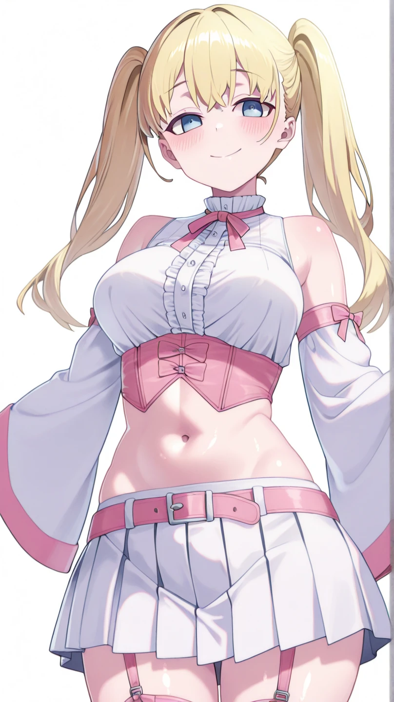 (small breasts:1.2), (perky chest:1.2), (pointed chest:1.2), (Pudding cake magazine cover:1.3),(from above:1.0),(shoot from the side:1.1),masterpiece, 1girl, Amazing Cleavage:1.1, thin waist, optimum,tmasterpiece,hight resolution,best qualtiy,hyper HD,super detailing,awardwinning,a 18yo cute girl,(The upper part of the body),anatomy correct,Beautiful Black miniskirt,garters,Gaze,Small face,bangss,holster,Beautuful Women,hands up,leg holster,Gaze,black boots,Cowboy Shot,cute face,a blond,Longhaire,Twin-tailed,Braids, Hairline,（scarlet eyes）,long eyelasher,Hanging eye corners,White skin of the, ((see through camisole:1.1)), ((Sheer nipples:1.0)),Rocket Tits,(Slim body),smile,seductive weak smiling,(with sparkling eyes and a contagious smile),little open mouth, Looking at Viewer, 