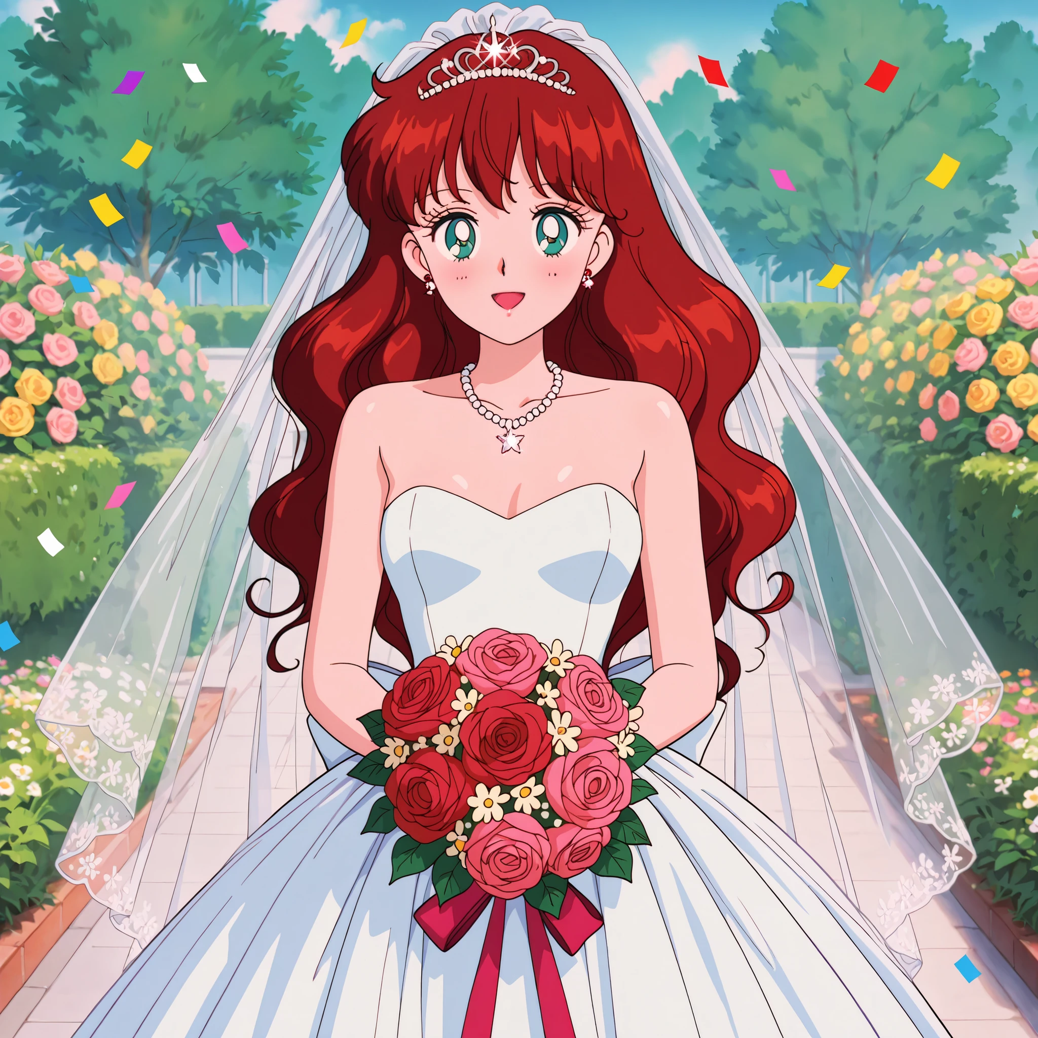 masterpiece, amazing quality, best quality, ultra-detailed, 8K, illustration, clear skin, ultra-detailed-eyes, soft skin, very awa, very as2, shiny body, newest, official art, 1girl, solo, haruna sakurada, bishoujo senshi sailor moon, long hair, reddish brown hair, blue eyes, garden, tiara, bridal veil, wedding dress, necklace, smile, open mouth, bouquet, confetti, cowboy shot, standing,