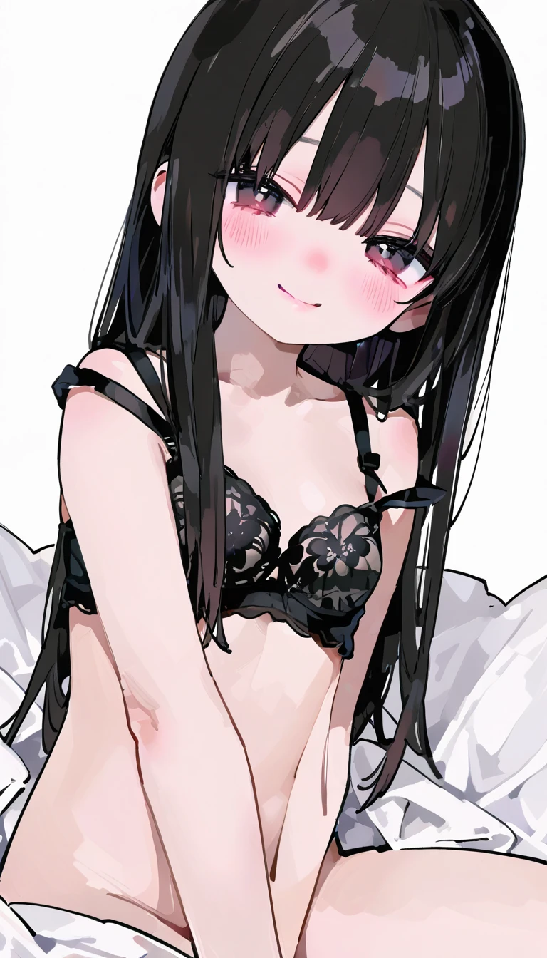 finger to mouth,from front,front view,looking at viewer, looking ahead,from above,cowboy shot,1girl,Beautiful 14 year old girl,Japanese,Slender,,low length,Small breasts,Thin legs,Small Ass,Baby Face,Small face,Black Hair,one side up,Gray Eyes,slit pupils,Drooping eyes,middle School girls,Sheer black and pink negligee,lingerie,Collar with leash,open mouth,tongue out,front face,Kneeling,Straight Stand,Beautiful and detailed anime art,Mischievous smile,Sexy vibe,cum on tongue,Dimly lit room,On the bed,Simple Background,Gray background,Low lighting,
