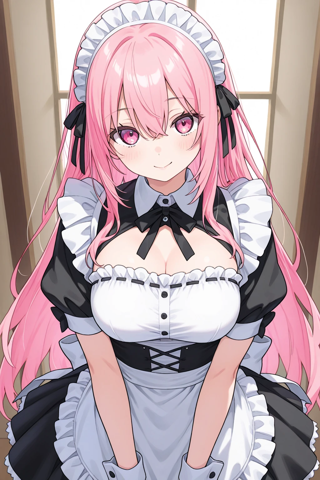 nsfw:1.1,Masterpiece:1.3,Detailed and beautiful depiction 1.3,Official Art,Beautiful adult woman ,Megurine Luka,Pink long hair,blue eyes,Large Breasts,Erotic smile temptation,Maid clothes,Cowgirl insertion sex,A short penis in a vagina,Shaking breasts,sit,Sigh,bedroom