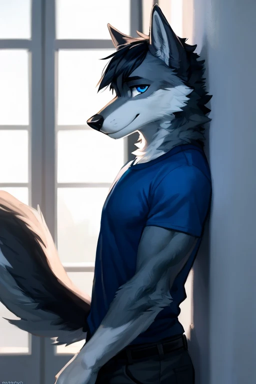 Atlas (Tres) 
A white Anthropomorphic male wolf with black hair, black nose, and blue eyes 
Leaning on the wall with a cigarette in his mouth acting cool and smiling 
Cool wolf looking good looking acting cool like a tough guy and handsome young tall man 
With a cigarette in his mouth  )) , looking at viewer,a little to the side, fur,solo, cartoon, (highly detailed illustration:1.2), best quality, masterpiece, solo, tail, torso, , standing, social (((male))) uploaded to e621, zaush, foxovh, movie lighting, thicc, alone, detailed, 8k res, hires, detailed eyes, good anatomy, good perspective, towards viewer, by bebebebebe, by sicklyhypnos, by gerkk, by orf, nice hands, perfect hands, happy, romantic, ray tracing lighting, rtx on, By Bebebebebe, by SpiritD, by KOBITOWANI, b est quality, masterpiece, perfect anatomy, detai led picture)), 1femboy, , sexy body, fluffy tail, shy, horny, romantic, up close, wearing not a single bit of clothing, huge thighs,, huge
