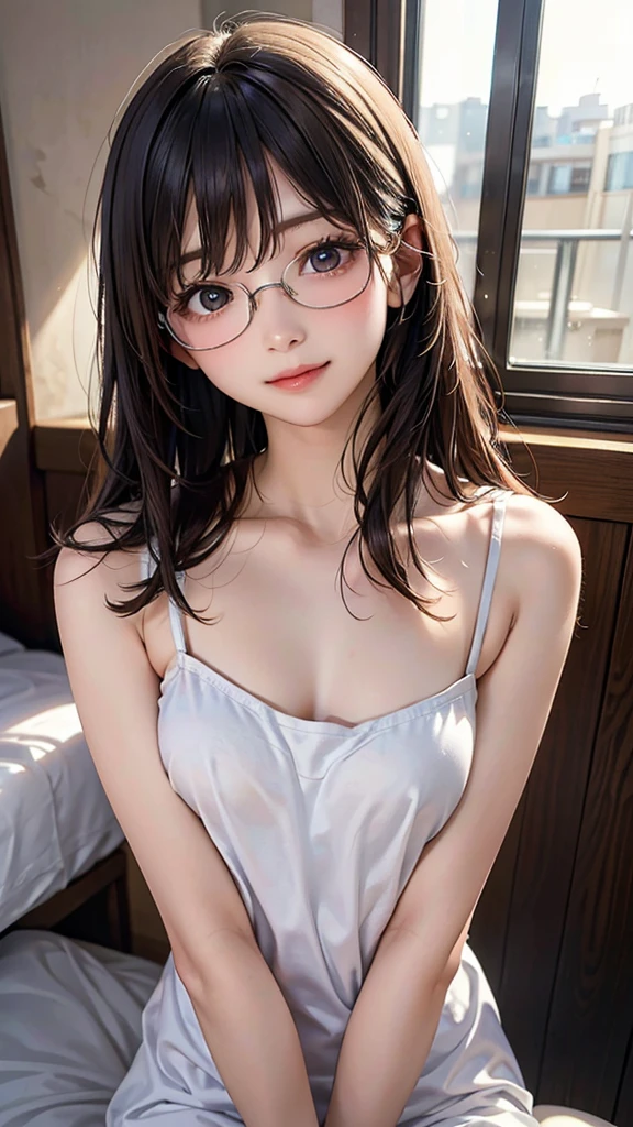 Highest quality, RAW Photos, Realistic, face, Incredibly beautiful girl, cute, length Hair,ponytail,Glasses,Written boundary depth, High resolution, 超detailed, detailed, Very detaileded, extremely detaileded eye and face, Sharp pupils, Realistic students, Sharp focus, Cinema Lighting, Japanese, Short Woman, Physical build, Short arms, length, Narrow eyes, Fleeting atmosphere, 10 years old, Brown Bob Hair, ((thin唇)), White top and bottom underwear, masterpiece, Highest quality, detailedな肌, detailedなface, fine grain, 8K, Excellent anatomy, Upper body portrait,flat breasts, small breasts, small,( small bust: 1.2), small bust, (slim, small, flat, small), thin, Delicate and sexy collarbone, One Girl, (beautiful girl, Delicate girl:1.3), (10 years old:1.3),