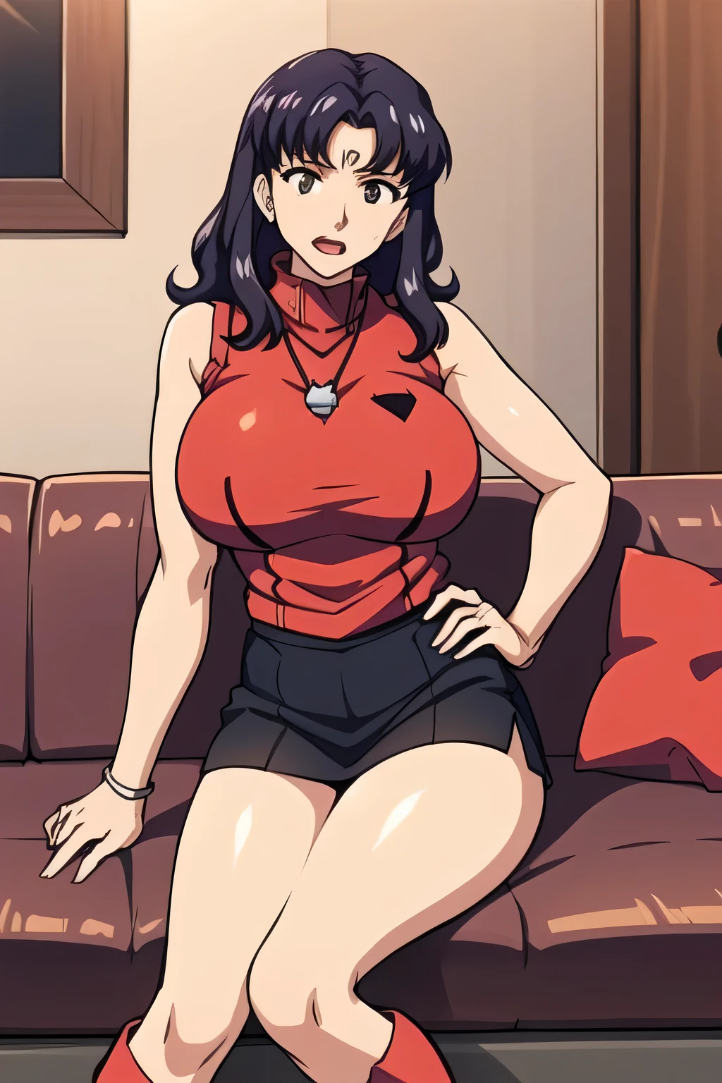 can you draw a woman in a Sailor Moon costume,Big Breasts,sleeveless woman,pleated micro mini skirt,Beautiful legs,boots,This work is 、This alone surprised me,don't prepare her face for work,yellow shirt,wearing a dark blue miniskirt and G-pants, lying on a sofa , Big black wavy hair, , , delicate face, , gym clothes wearing an old fashioned bloomer , A woman with adult appeal around age 40,