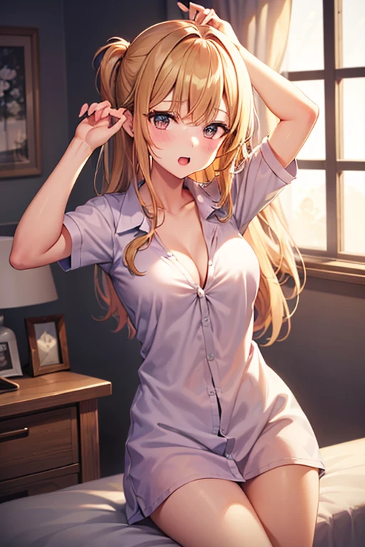 top-quality、Full limbs、complete fingers、One beautiful woman、Beautiful Large Breasts、((straight haired、blondehair))、((White collared shirt、Ha is just、Black panties))、A big smile、Living room at home、is standing