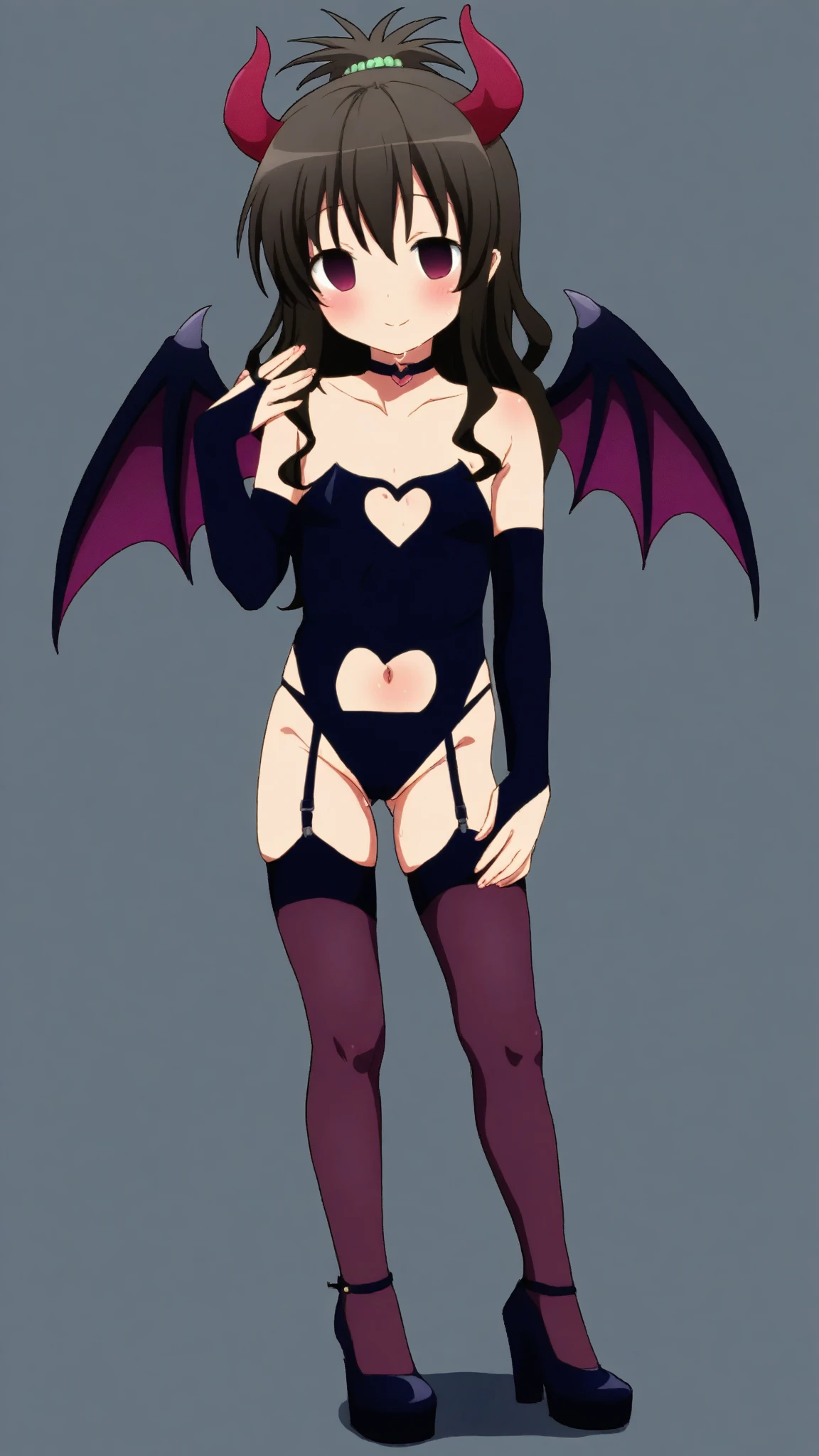 tachi-e, game cg, Highly detailed and realistic CG, Colorful, Masterpiece, Best Quality, jewel-like eyes, 1girl, solo, black hair, shiny hair, long straight hair, very long twintails, slender, skinny legs, succubus girl,succubus luxury dress, mini skirt, succubus boots, aqua blue eyes, flat chest, black elbow gloves, latex, smirk, smile, jitome, half-closed eyes, tsurime, simple background, from pov, best quality eyes, sharp teeth, tsundere, standing, contrapposto, hand on hip, (shiny skin:1.0), succubus wings, succubus tail, mesugaki, teasing, smug, cute girl, , open mouth, fangs, tongue out, pointy ears, pink heart tattoo, (Sharp Focus:1.2), Thin arms, Thin legs, outline, Evil Female Executive Succubus,