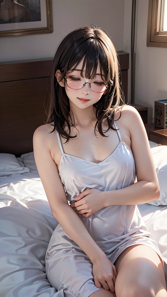 highest quality, RAW Photos, Realistic, face, Incredibly beautiful girl, cute, length Hair,ponytail,Glasses,Written boundary depth, High resolution, Super detailed, detailed, Very detaileded, extremely detaileded eye and face, Sharp pupils, Realistic students, Sharp focus, Cinema Lighting, Japanese, Short Woman, Physical build, Short arms, length, Narrow eyes, Fleeting atmosphere, 30 years old, Brown bob hair, ((thin lips)), White top and bottom underwear, masterpiece, highest quality, Detailed skin, Detailed face, fine grain, 8k, Excellent anatomy, Upper body portrait,flat breasts, small breasts, small,( small bust: 1.2), small bust, (slim, small, flat, small), thin, Delicate and sexy collarbone, One Girl, (beautiful girl, Delicate girl:1.3), (30 years old:1.3), High resolution images, Eyes realistic size, Realistic Skin, Droopy eyes, 笑face, (Mr.々A feminine casual long dress with a simple pattern), (Squat down and spread your legs, Self-pleasure, Highly detailed and realistic textured panties), Strong sunlight, Old Fashion, Leaning forward, skyscraper, bag, Glasses,
