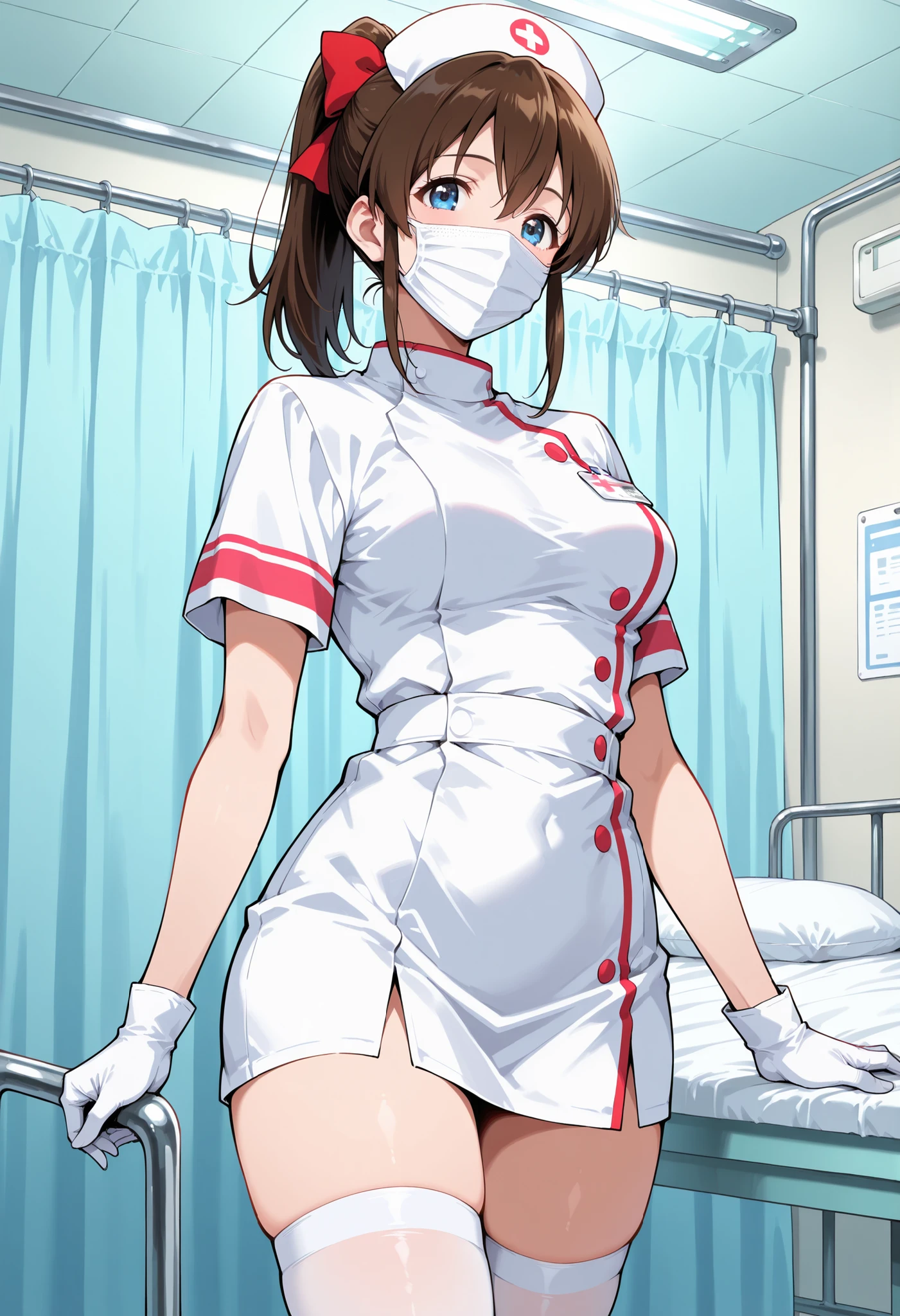 masterpiece, best quality,1girl, solo, Bambietta Basterbine, nurse, white uniform, white dress, white stockings, white shoes, nurse's cap, protective equipment, gloves, smiling, caring, compassionate, interact, friendly, warm, hospital, medical clinic, nurse station, bedside, treatment room, medical equipment, supplies, hospital beds, monitors, medicines, patients, colleagues, traditional, light blue, protective,  background, setting, medical, clinic, bedside, treatment, equipment, supplies, hospital bed, monitor, medication, surgical mask, sexy pose