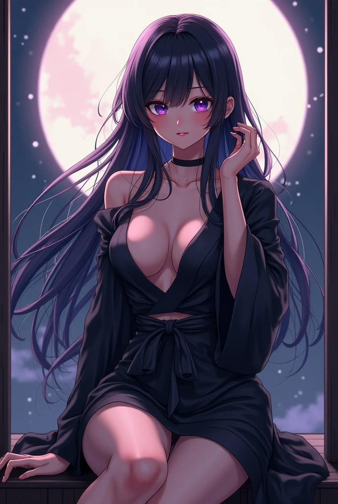 master part, high, high quality, detailed face, detailed body rendering, full body, 1girl, solo, nude, hyuuga hinata, large breasts, dark lips, nude shoulders, necklace, hair tiara, Standing, Blushes, smile, sexy pose, space, moon and stars, nebula, galaxy