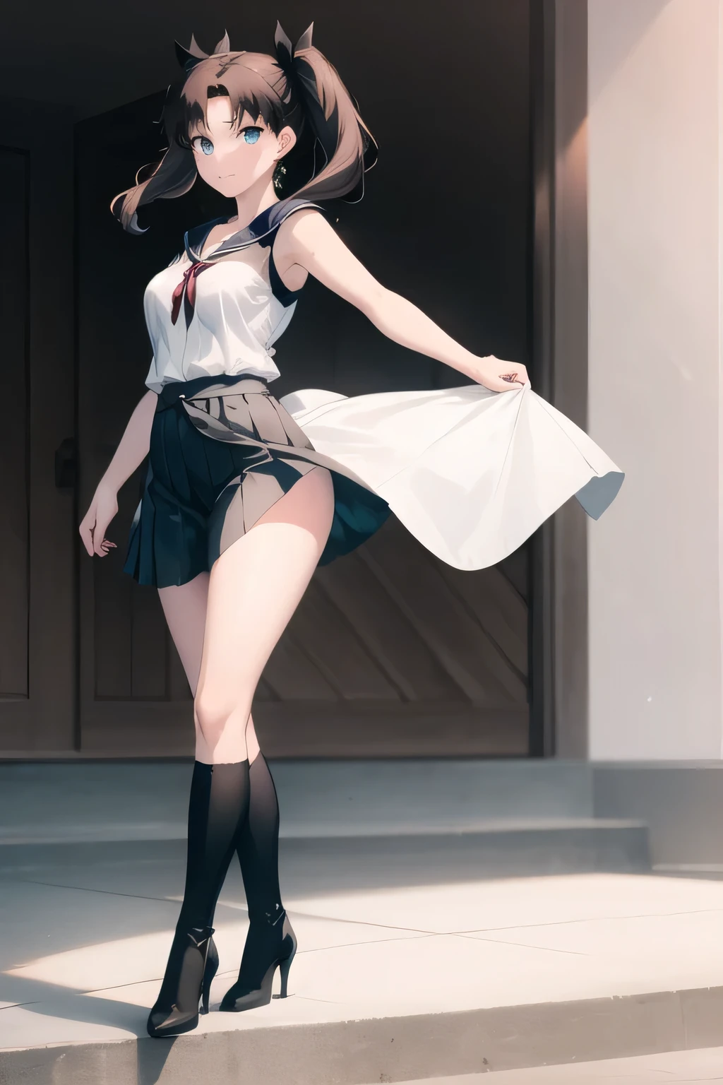 can you draw a woman in a Sailor Moon costume,Big Breasts,Beautiful legs,boots,sleeveless,Pleated Miniskirt,looking straight in the face,I need a face,, レッドsleevelessセーター, black twin tail ,{{X}},looking straight in the face,big boobs,I'm drawing her expression more delicately,Walking Alone, city tour ,,(((bounces up and down))), I have a SLR camera ,(let's draw a more delicate expression),(sleevelessのウールセーター),( Pleated Legs,White Panties),(that job is enough for 1 person {X} can you draw the perfect balance and reduce destruction)、 That's enough,grimace。unless the job requires it。 {X}、 , An attractive 40-year-old woman takes off her uniform、I'm wearing casual tourist style clothes, Big black wavy hair, , big boobs, thin waist , , ,