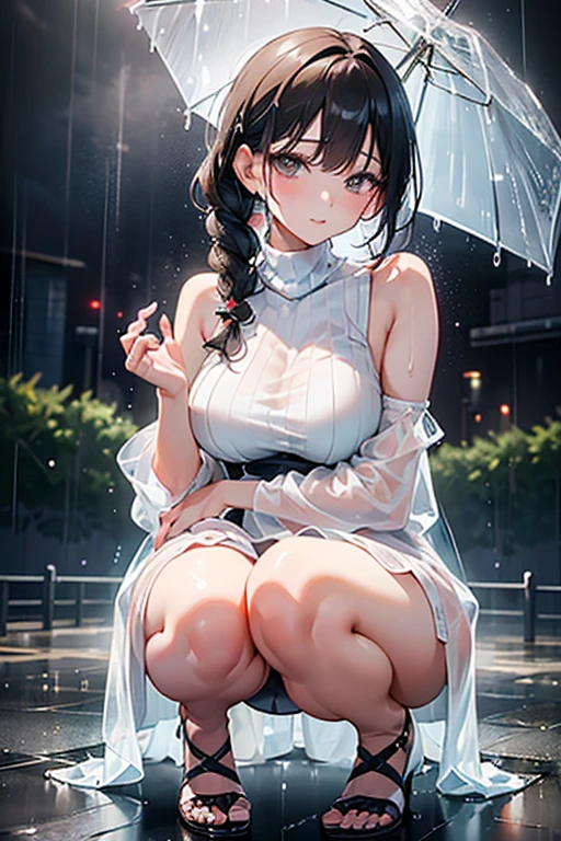 (masterpiece、Highest quality、Detailed Details)、One Girl、Wet with rain、The clothes are see-through、Wearing a white shirt、holding an umbrella、Kyoto at Night、A sad-faced smiley、Detailed hands、Detailed fingers
