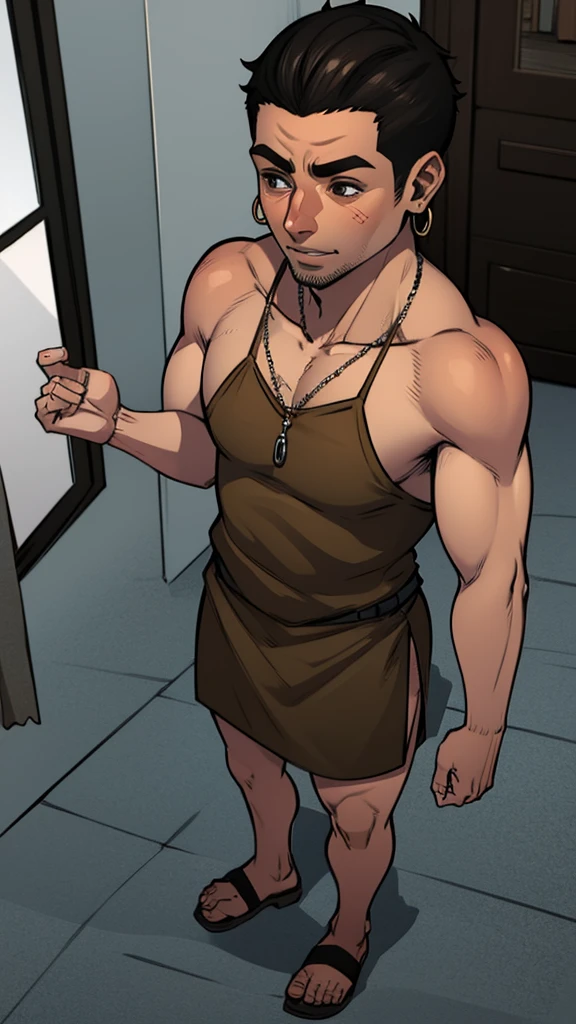 One Solo Lean Asian Men, Only Men, Biological Male, dark ash brown cool tone, nude, sheer mesh t-shirt top, mesh micro thong bikini, ash grey dark hair, curtain hairstyle, pink undertone skin, he showing off his body, full body portrait from head to feet, comic artstyle 2D