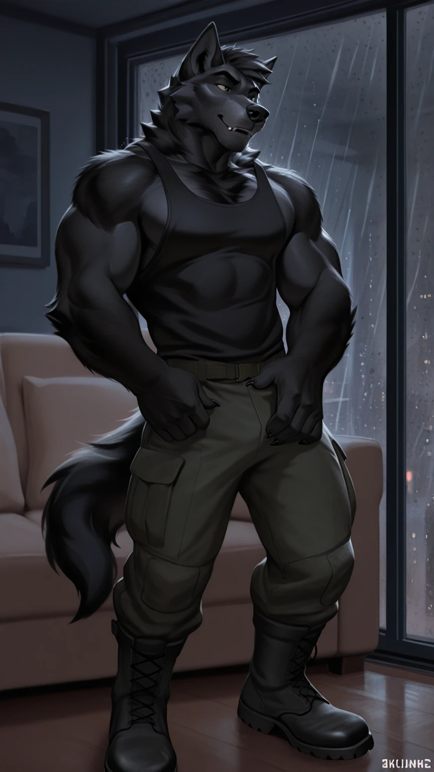 Solo, wolf, (((black body, all black fur, no white fur, no fur pattern, plain fur, plain black fur, black dick, black fur))), snout, long snout, teeth, smirking, red eyes, muscular, mature male, father figure, dilf, daddy, fangs, massice biceps, wide waist, broad shoulders, strong thighs, white teeth, black hair, very short hair, beard, large hands, detailed hands, well drawn hands, big dick, detailed crotch, bulge outline, detailed gential outline, without underwear, alleyway, night, dramatic lighting, standing, by darkgem, by mystikfox61, by glitter trap boy, by enro the mutt, by juiceps