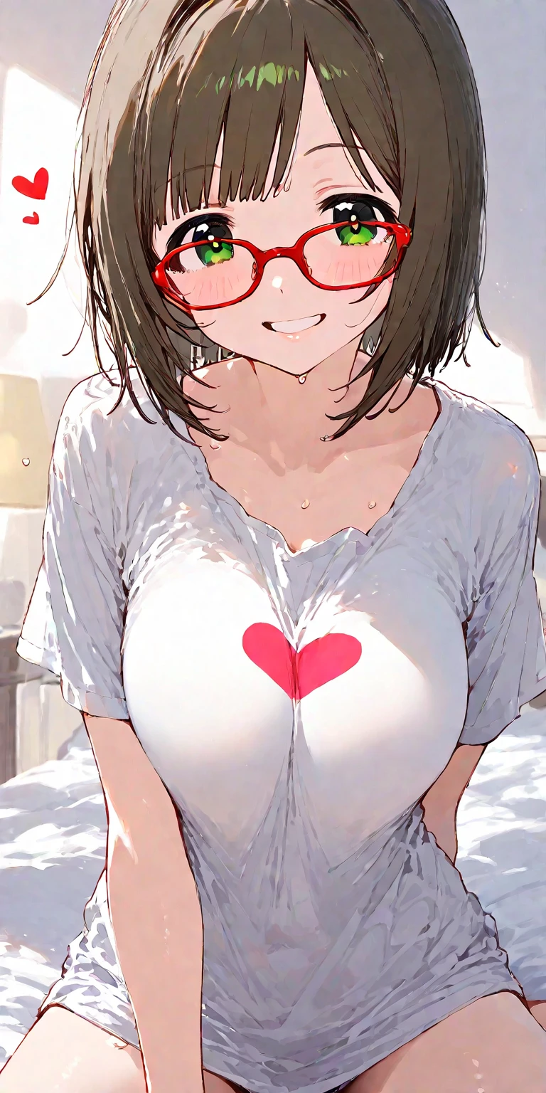 One Japanese woman, In the dark room, {Look this way and make a double peace sign.}, clumsy smile, The upper half of the body is wearing a white off-the-shoulder knit with a strong sense of transparency., [see-through], The lower half of the body is undressed, relatively large breasts,  sexy, {{Sweat dripping}}, Dark brown hair, Large pale red eyes, Three hearts floating, Shine a strong red light naturally, A healthy skin glow, Breathing heavily, My body is burning hot, Medium Hair, The skin is showing through the clothes a lot., Blushing, There is a bed in the room, {{heart-shaped eyes}}, Open your mouth, Put your whole body in, high resolution