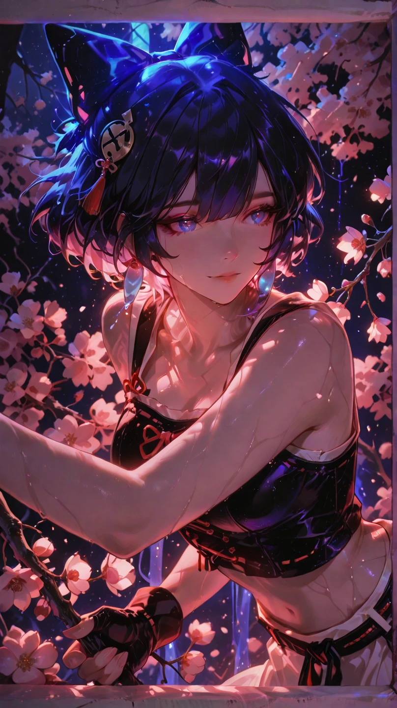 joker sexy + Goku girl with black short hair, fiery red tips, shiny, smooth and silky, big eye-catching blue eyes and elegant short dress in gold pink neon colors with ha ha ha print sitting facing forward on a bench with a galaxy in the background falling black petals super quality perfect anime 2.5D death note style strong strokes manga realistic quality niji 6v ultra detailed graphics