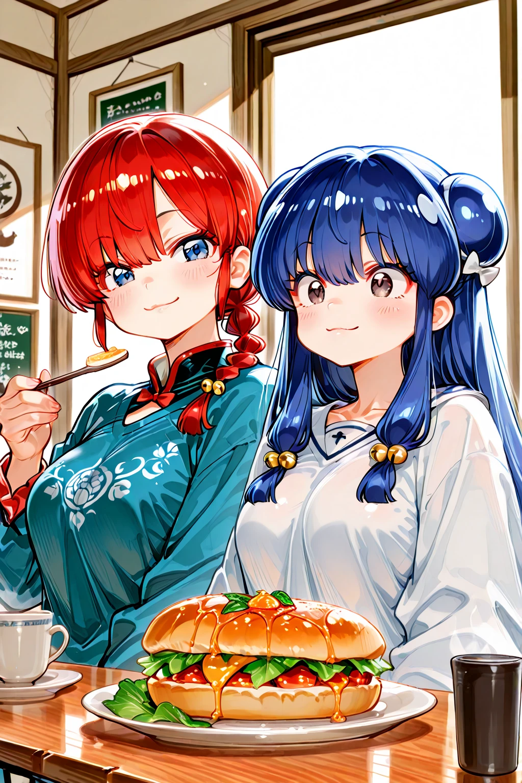 ((masterpiece:1.4)), expensive quality, very_expensive_solve, big_file size, Full Color, Thick outline, Clear contours, colorful, (Beautiful fine details), ((Beautiful Face:1.0)), ((Boyish face:1.4)), 1 girl, (Ranma), (Redhead), short hair, (Braided Ponytail), ((bangs)), bumpy bangs, Blue-gray eyes, Big Breasts, Curvy, Ranma, Braided Ponytail, (Red Chinese Clothing), No sleeve, Tangzhuang, Black trousers, Are standing, ((, Are thin:1.4)), ((from the front:1.4)), Are thin:1.4