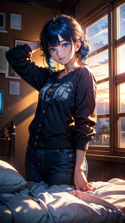 (Pixel art: 1.2), Beautiful Gothic Woman, Sexy Goth Girl, Designer sweatshirt coat with logo, pants, Short black hair with blue tips, Bedroom, Lying in bed, (Isaac Quek: 0.8) [By Ilya Kuvshinov: 0.65]
