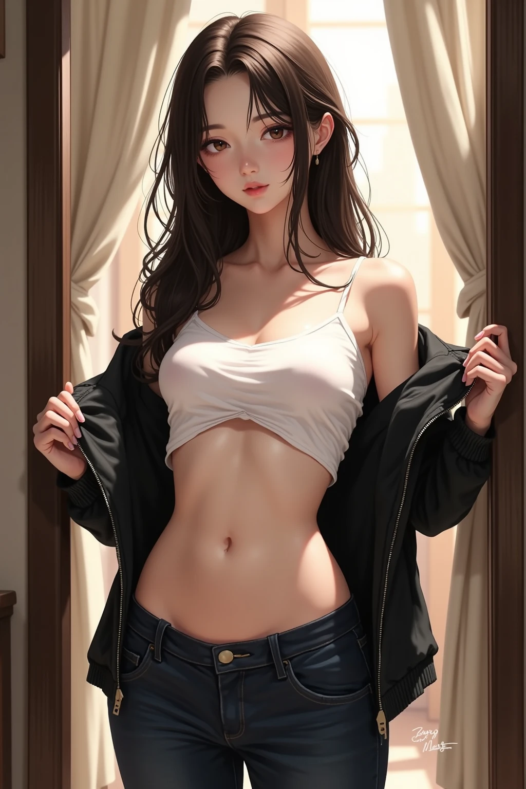 (The FW), 1womanl, Solo, 24 year old, 7headed body, (cute  face), (Ideal ratio body proportions), Bedroom at home, (((Sweatshirt))), (((Panties with a small area))), ((The lower part of the body is bare)), ((Put your hands under your panties)), panties focus, long , Wet, Clothes are sheer, Smiling smile, short-hair, Dark hair, small tits, A slender, Small buttocks, beauty legs, Skinny Legs, surrealism, Cinematic lighting, depth of fields, One-person viewpoint, F/1.8, 135 mm, nffsw, masutepiece, ccurate, ((Anatomically correct)), Textured skin, Super Detail, high details, High quality, awardwinning, Best Quality, hight resolution, 8K