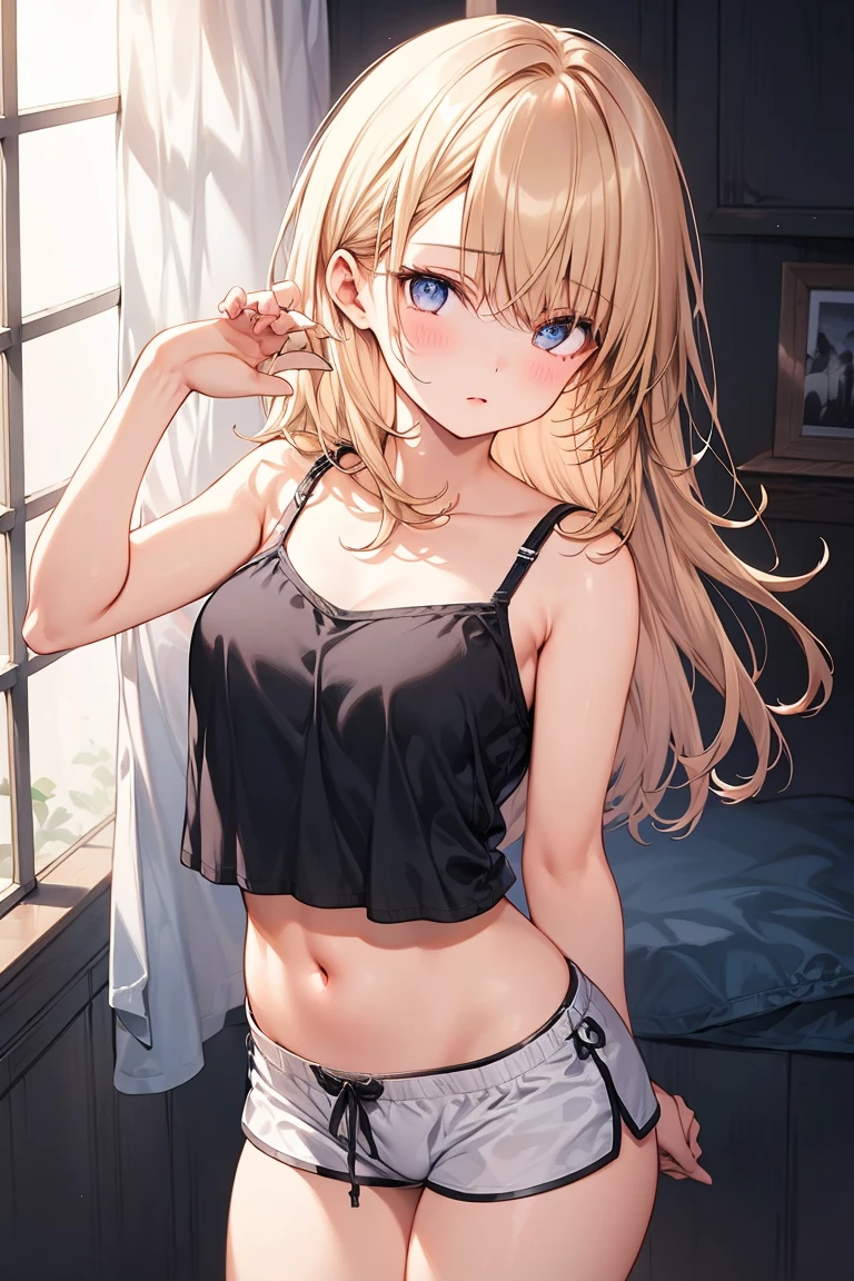 work of art, best qualityer, high resolution, kashiwazaki sena, borboleta_body hair_ornament, blonde body hair, long body hair, breasts big, water eyes, 1 girl, standing alone, bangss,top cut, short jeans, cowboy shot, ssmile, pose sexy, bed-in, bed-inroom, pillow, window, sitting down, sitting down on bed-in, gazing_phi_viewer, neckleace, wide breasts, sensual perfect body