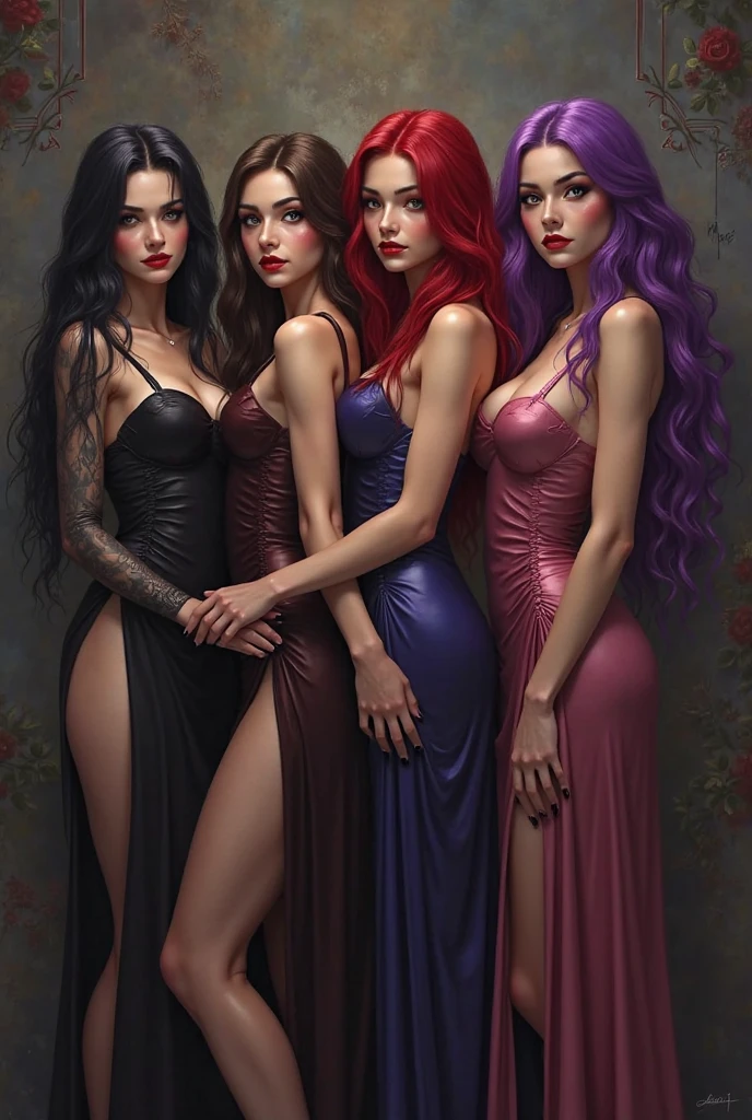 An extra wide angle on a big full room 16:9,(masterpiece Quality),(An ultra hot,3 females age 18),(random sexy, seducing poses),(full body:2.0),(nude),eating, kissing, kissing neck,(realistic,fine detailed ultra-thick,long, bright,vibrant,blood red,shimmering:2.0 hair),(extra large,high contrast,green:0.9, yellow:0.1 cats eyes),(extra long,thick,dark eyelashes),(blood red,plump lips),(stunning, pearl white teeth),(,beautiful eyes of a cat),(detailed hands,realistic long monsters claws on 5 fingers each hand:2.0),stunningbody,Big breasts, natural nipples,(glowing skin:1.2),(2 perfect legs:1.1),front view,a serious, direct gaze at the camera,(best quality,16k,highres,insanely detailed interior design of a vampire lair in dark gothic medieval style),(royal canopy four-poster bed, black-matte velvet drapes 16k),(1 stained glass window to the right,vibrant red:1.1,green:0.9 colored,detailed intricate patterns,architectural element,dark and mysterious atmosphere, night scene), flickering candlelight,medieval-style candelabrum,(rich, deep black, base color,stunning play of very, low light:1.6 and shadow,night:2.0),(all in wide room spectrum:2.0).#The entire setup is masterpiece 1:3 framed with the grandeur of royal,medieval gothic style, focus on entire room 16k#